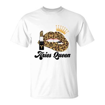 Aries Queen Aries Girls Yellow Lipstick Leopard Birthday Gift T-Shirt - Seseable