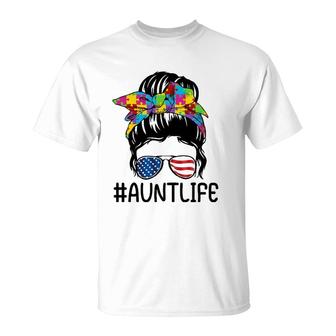 Aunt Life Autism Awareness Mother's Day Auntie Messy Bun T-Shirt | Mazezy
