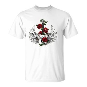 Bass Guitar Wings Roses Distressed Rock And Roll Design T-Shirt | Mazezy