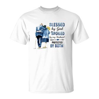 Blessed By God Spoiled By My Husband Protected By Both Christian Wife Elderly Couple T-Shirt | Mazezy