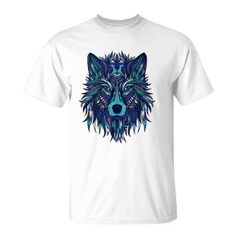 Blue Wolf Head Tribal Mandala Tattoo Art T-Shirt | Mazezy