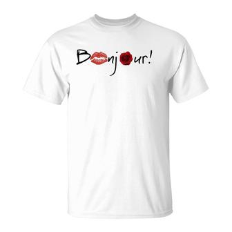 Bonjour Graphic With Lips And Rose Images T-Shirt | Mazezy