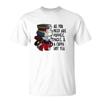 Book Reader Puppies Pages And Hot Tea Reading Library T-Shirt | Mazezy