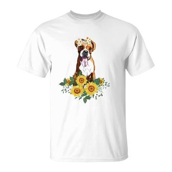 Boxer Dog Sunflower Funny Boxer Lover Gifts Dog Mom Dad T-Shirt | Mazezy