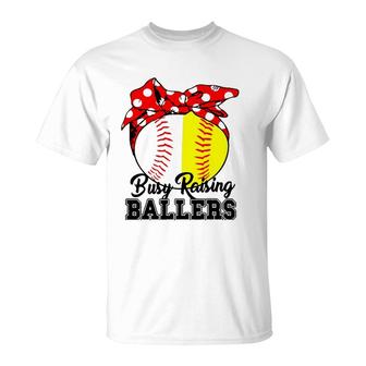 Busy Raising Ballers Softball Baseball Mom Life Mothers Day T-Shirt | Mazezy