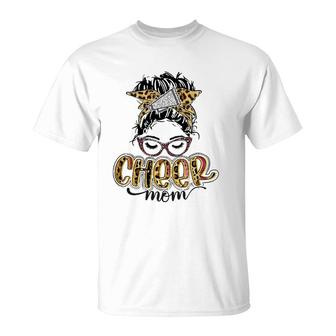 Cheer Mom Leopard Messy Bun Cheerleader Funny Mother's Day T-Shirt | Mazezy