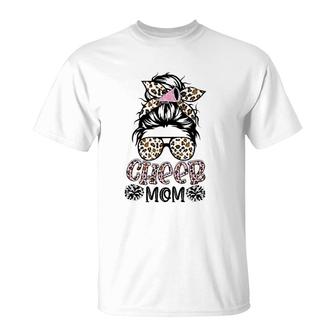 Cheer Mom Leopard Messy Bun Hair Cheerleader Funny Mother's Day T-Shirt | Mazezy