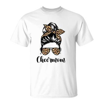 Cheer Mom Leopard Messy Bun Lovers Mother Soccer Lover T-Shirt | Mazezy