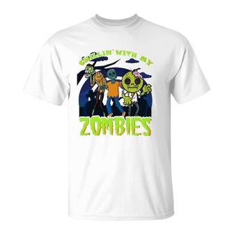 Chillin With My Zombies Design Funny Halloween Kids Zombies T-Shirt | Mazezy