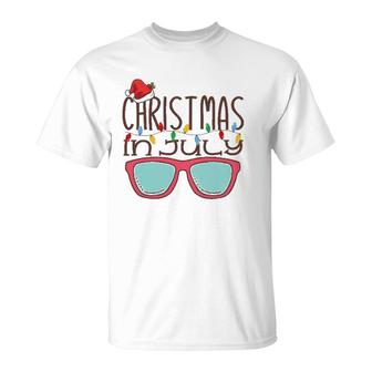 Christmas In July Santa Hat Sunglasses Summer Beach Vacation T-Shirt | Mazezy