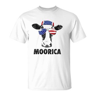 Cow 4Th Of July Moorica Merica Men Women Usa Flag Farm T-Shirt | Mazezy