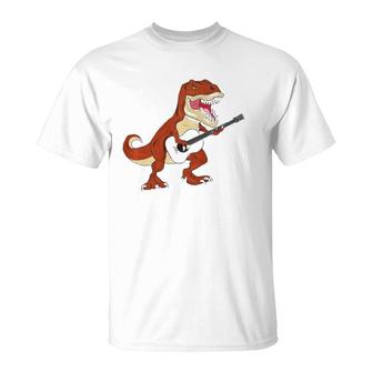 Dinosaur Playing Ukulele Guitar Funny Kids Boysrex Music T-Shirt | Mazezy