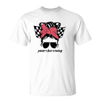 Dirt Track Racing Race Car Checkered Flag Peace Love Racing T-Shirt | Mazezy