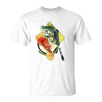 Dragonfly Mushroom And Tulips Flowers Flying Insect Fungi T-Shirt | Mazezy