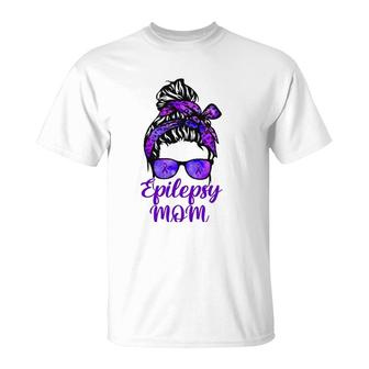 Epilepsy Mom Messy Bun Hair Glasses Bandana Purple Ribbon T-Shirt | Mazezy