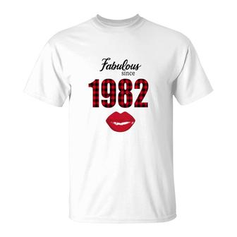Fabulous Since 1982 Black Red Plaid Lips Happy 40Th Birthday T-Shirt - Seseable