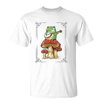 Funny Cottagecore Aesthetic Frog Playing Banjo On Mushroom T-Shirt | Mazezy