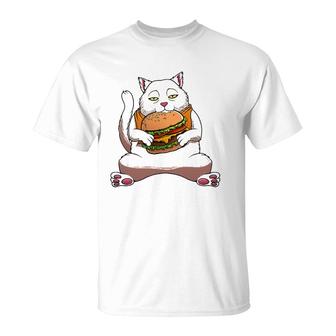 Funny Kawaii Cat Hamburger Design For Men Women Burger Eater T-Shirt | Mazezy