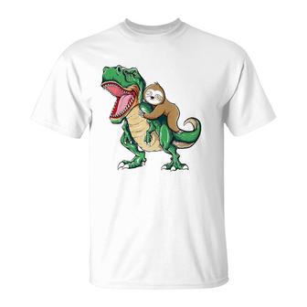 Funny Sloth Riding Arex Dinosaur T-Shirt | Mazezy