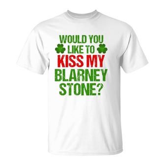 Funny St Patrick's Day Kiss My Blarney Stone Irish Gift T-Shirt | Mazezy