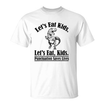 Funny Teacher Let's Eat Kids Punctuation Saves Lives Grammar Raglan Baseball Tee T-Shirt | Mazezy