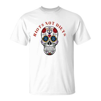 Girl Power - Riots Not Diets Activist Skull Floral Rose T-Shirt | Mazezy