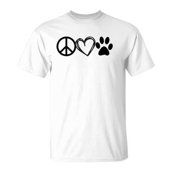 Girls Guys Dog & Cat Lover Peace Love Paws Puppy Kitty T-Shirt | Mazezy