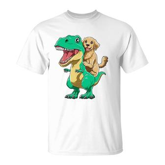 Golden Retriever Riding Dinosaurrex Cute Golden Retriever T-Shirt | Mazezy