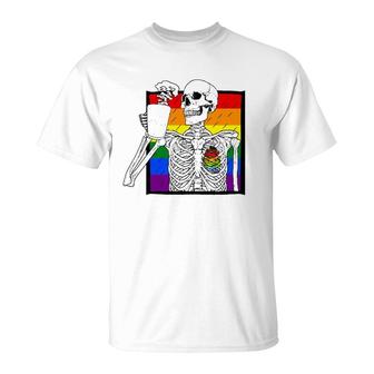 Goth Skeleton Coffee Gay Lesbian Pride Rainbow Human Heart T-Shirt | Mazezy