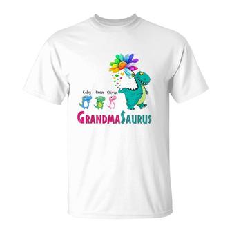 Grandmasarus Dinosaur Trex Grandmother Coby Oma Olivia Sunflower T-Shirt | Mazezy