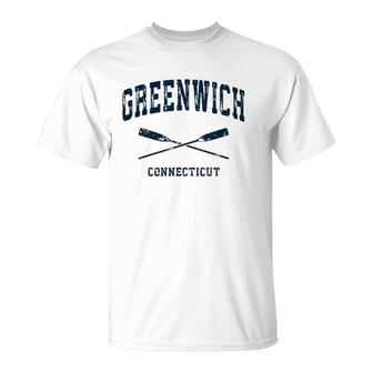 Greenwich Connecticut Vintage Nautical Crossed Oars Navy T-Shirt | Mazezy
