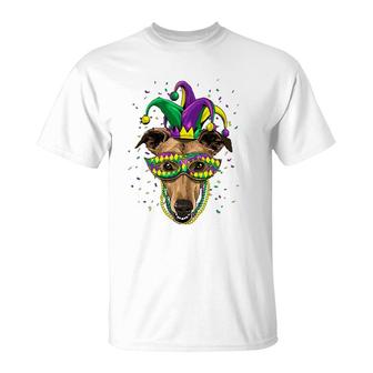Greyhound Dog Lover Cute Mardi Gras Carnival Jester T-Shirt | Mazezy
