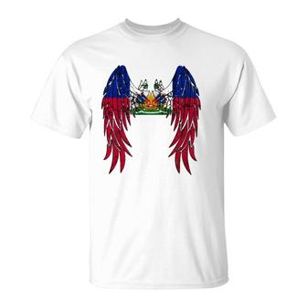 Haitian Flag Angel Wings Jesus Catholic Christian God Haiti T-Shirt | Mazezy