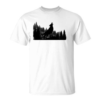 Howling Wolf Mountain Forest Tree T-Shirt | Mazezy