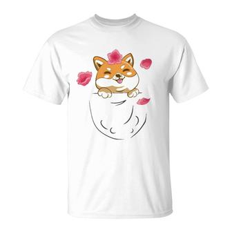 Japanese Shiba Inu Dog Pocket With Sakura Cherry Blossom T-Shirt | Mazezy