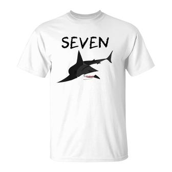 Kids 7 Years Old Shark Swim Birthday Party 7Th Birthday T-Shirt | Mazezy