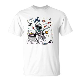 Kids Astronaut Fisherman Fishing Stars Planets Space T-Shirt | Mazezy