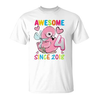 Kids Kids 4Th Birthday Party Flamingo Girl 4 Years Old Birthday Premium T-Shirt - Seseable