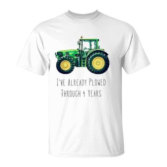 Kids Plowed Through 4 Years Green Tractor Boy Birthday Party T-Shirt | Mazezy