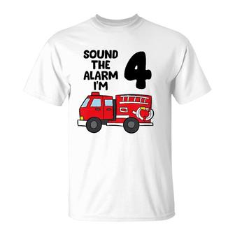 Kids Sound Alarm I'm 4 Children 4 Birthday Fire Truck T-Shirt | Mazezy