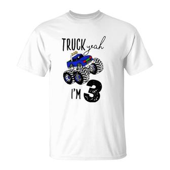Kids Truck Yeah I'm 3 Monster Truck Birthday Boy Car 3Rd Three 3T T-Shirt | Mazezy