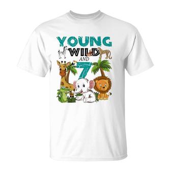 Kids Young Wild And 7 - 7Th Birthday Safari Zoo Animal Jungle T-Shirt | Mazezy