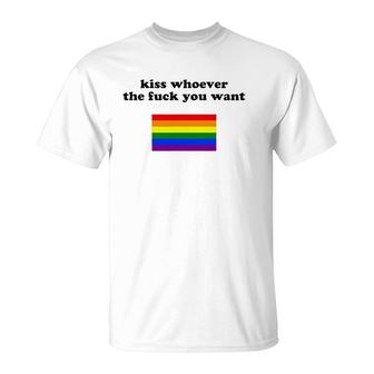 Kiss Whoever You Want Lgbtq Gay Pride Rainbow Flag T-Shirt | Mazezy