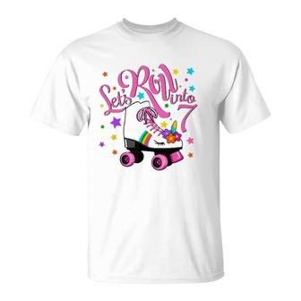 Let's Roll Into 7Th Birthday Unicorn Roller Skate 7 Yrs Old T-Shirt | Mazezy