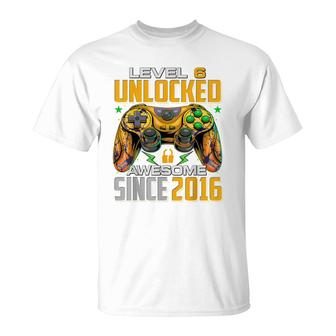 Level 6 Unlocked Awesome Since 2016 6Th Birthday Gaming T-Shirt - Seseable