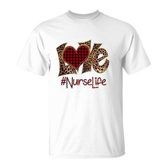 Love Nurselife Leopard Print Red Plaid Heart T-Shirt | Mazezy