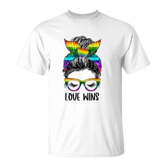 Love Wins Messy Bun Rainbow Lgbt Gay Pride Lgbt Awareness T-Shirt | Mazezy