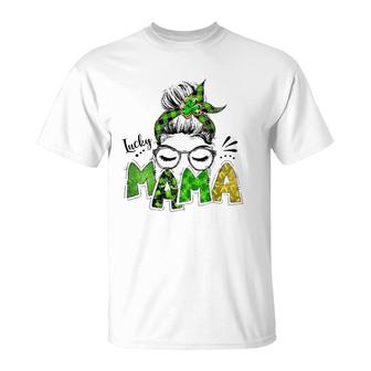 Lucky Mama Woman Face With Glasses Bandana St Patricks Day T-Shirt | Mazezy