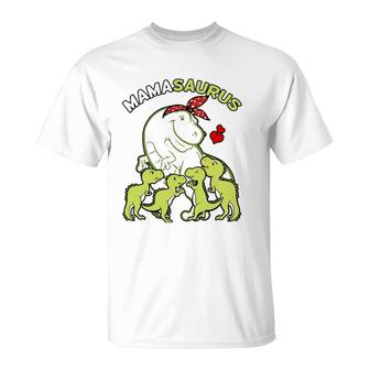 Mamasaurus Mama Of 4 Kids Mom Dinosaur Baby Mother's Day T-Shirt | Mazezy