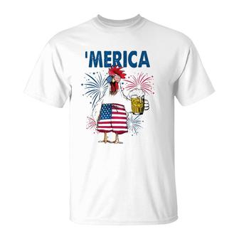 Merica Funny Chicken With Beer Usa Flag 4Th Of July T-Shirt | Mazezy